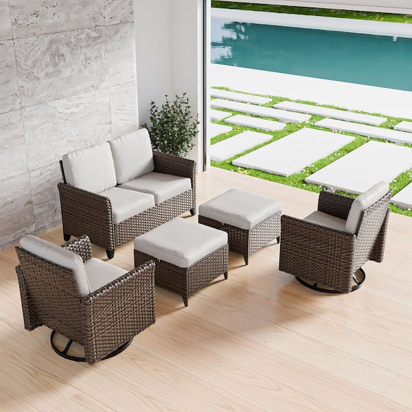 Brown Rattan Wicker 5-Piece Outdoor Patio Conversation Set with Beige Cushions, Ottomans