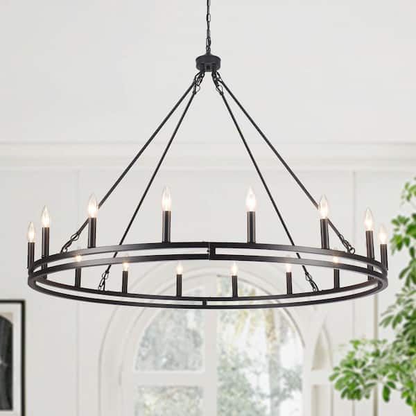 HUOKU CEDER 15-Light 50.4 in. W Black Chandelier with Smoked Glass