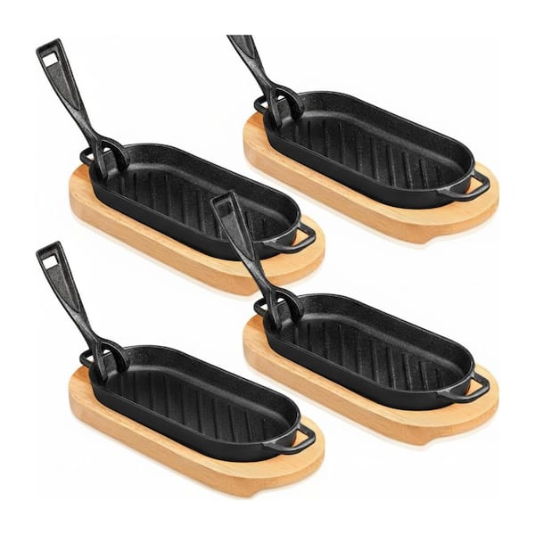 4-Piece Cast Iron Sizzling Fajita Skillet Pan Set with Wooden Base and Removable Handle for All Cooktops