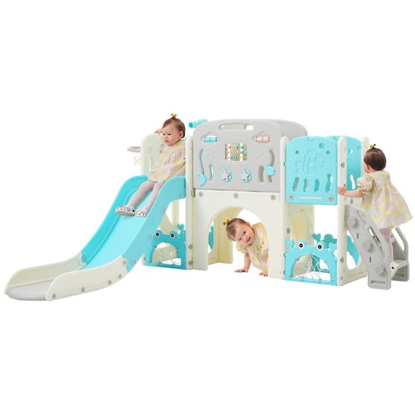 TIRAMISUBEST 11-in-1 Toddler Slide Set: Indoor/Outdoor Playset with Hoop, Arch Tunnel, Telescope, Storage Blue