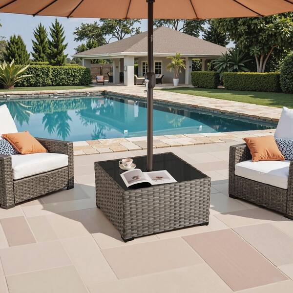 Buria PE Wicker Outdoor Coffee Table with Umbrella Hole, Tempered Glass Top