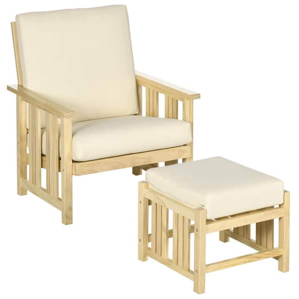 Unbranded 2-Piece Natural Wood Outdoor Lounge Chair with Footrest, Thick Beige Cushion