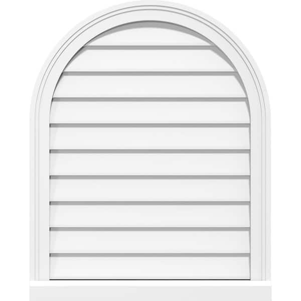 Ekena Millwork 26 in. x 38 in. Round Top Surface Mount PVC Gable Vent: Decorative with Brickmould Sill Frame