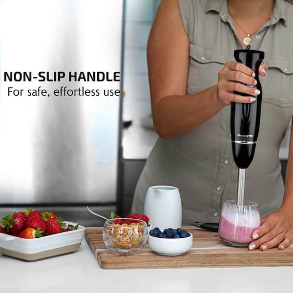 Ovente Immersion Electric Hand Blender 300 Watt Power 2 Mix Speed with  Stainless Steel Blades, Handheld Stick Mixer Set with Egg Whisk Attachment  Mixing Beaker and BPA-Free Food Chopper, Black HS565B 