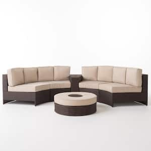 Madras Brown 6-Piece Wicker Outdoor Patio Sectional Set with Textured Beige Cushions