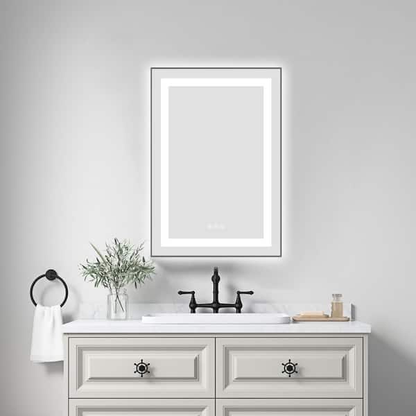 20" W x 30" H Wall Rectangle LED Bathroom Vanity Mirror, Black Aluminum Frame, 3 Colors, Stepless Dimmable, Anti-Fog