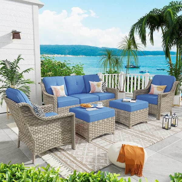 weaxty W Tulip F Gray 5-Piece Wicker Patio Outdoor Conversation Sofa Set with Ottoman and Diamond Blue Cushions