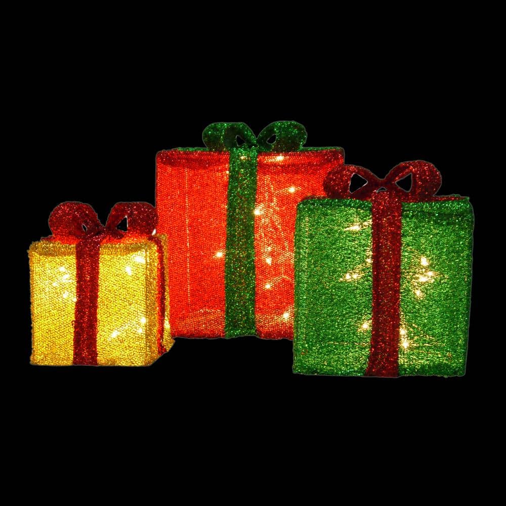 Set of Three Red, Gold, Green LED Tinsel Presents