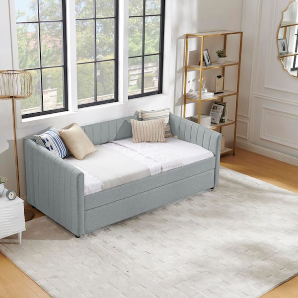 Cashi Grey Twin Size Daybed with Trundle, Upholstered Sofa Bed