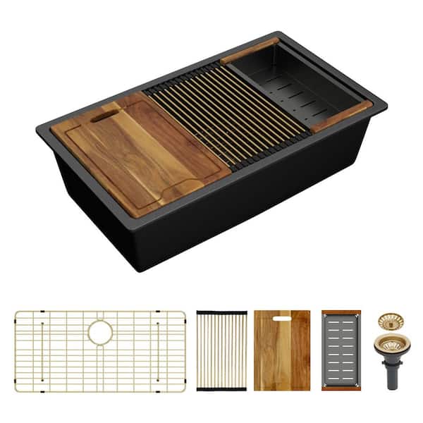 33 in. Undermount Single Bowl Quartz Workstation Kitchen Sink in Black with Gold Bottom Grids and Drain Accessory