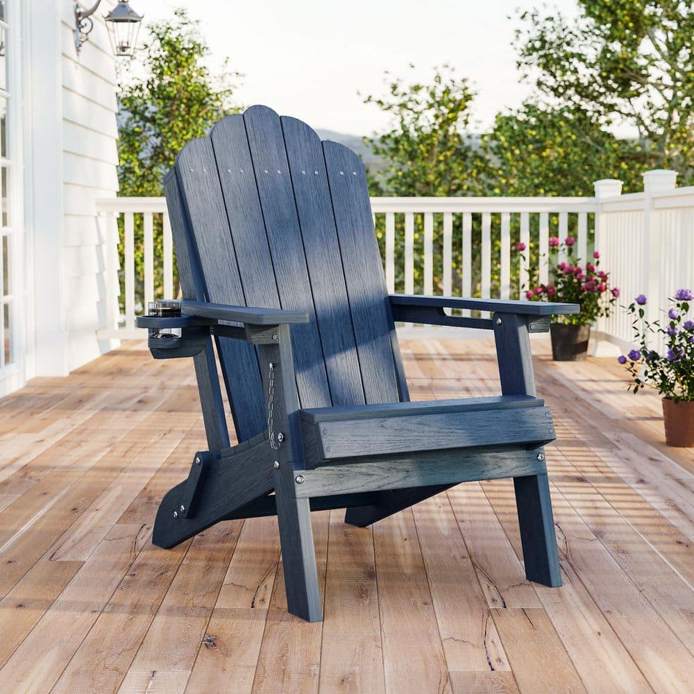 Sonkuki Navy Blue Plastic Foldable Adirondack Chair with Cup