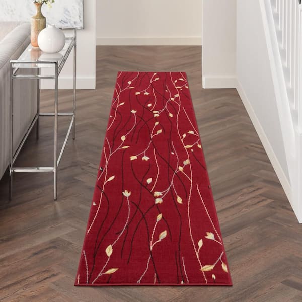Grafix Red 2 ft. x 12 ft. Floral Contemporary Kitchen Runner Area Rug