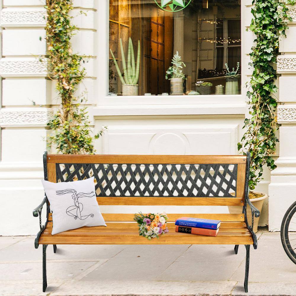 49.5'' Black Iron and Natural Wood Outdoor Garden Bench