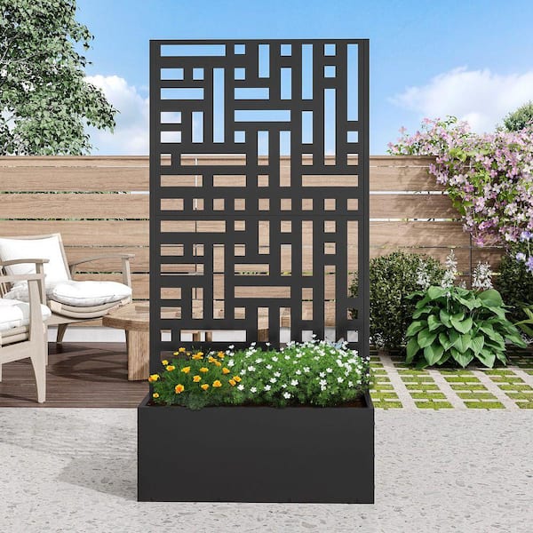 59 in. H x 30 in. W Rectanglar Black Outdoor Metal Privacy Screen Planter Box Wall Decor