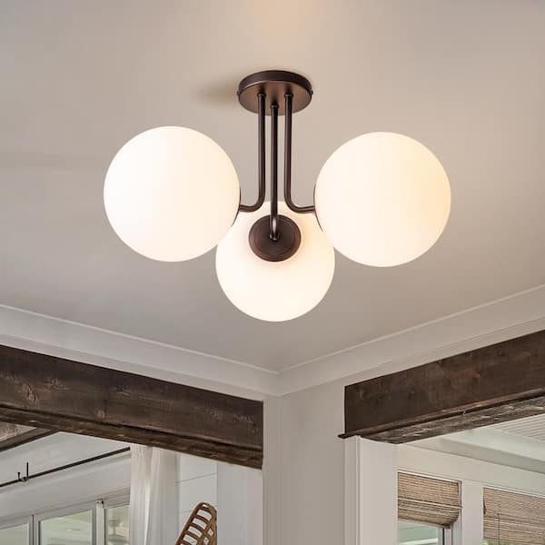 Lueck 22 in. 3-Light Modern Sputnik Oil Rubbed Bronze Semi Flush Mount with Globe White Glass