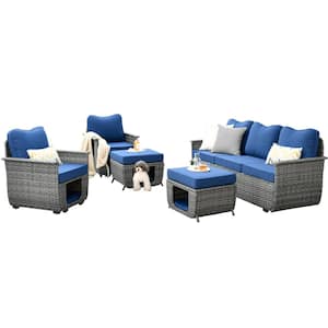 Sierra Black 5-Piece Wicker Multi-Functional Pet Friendly Outdoor Patio Conversation Sofa Set with Navy Blue Cushions
