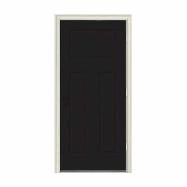 JELD-WEN 34 in. x 80 in. 3-Panel Craftsman Black Painted Steel Prehung Left-Hand Outswing Front Door w/Brickmould