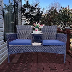 Brown Wicker Outdoor Loveseat with Blue Cushions, Built-in Coffee Table, Tempered Glass Top and Removable Cushions