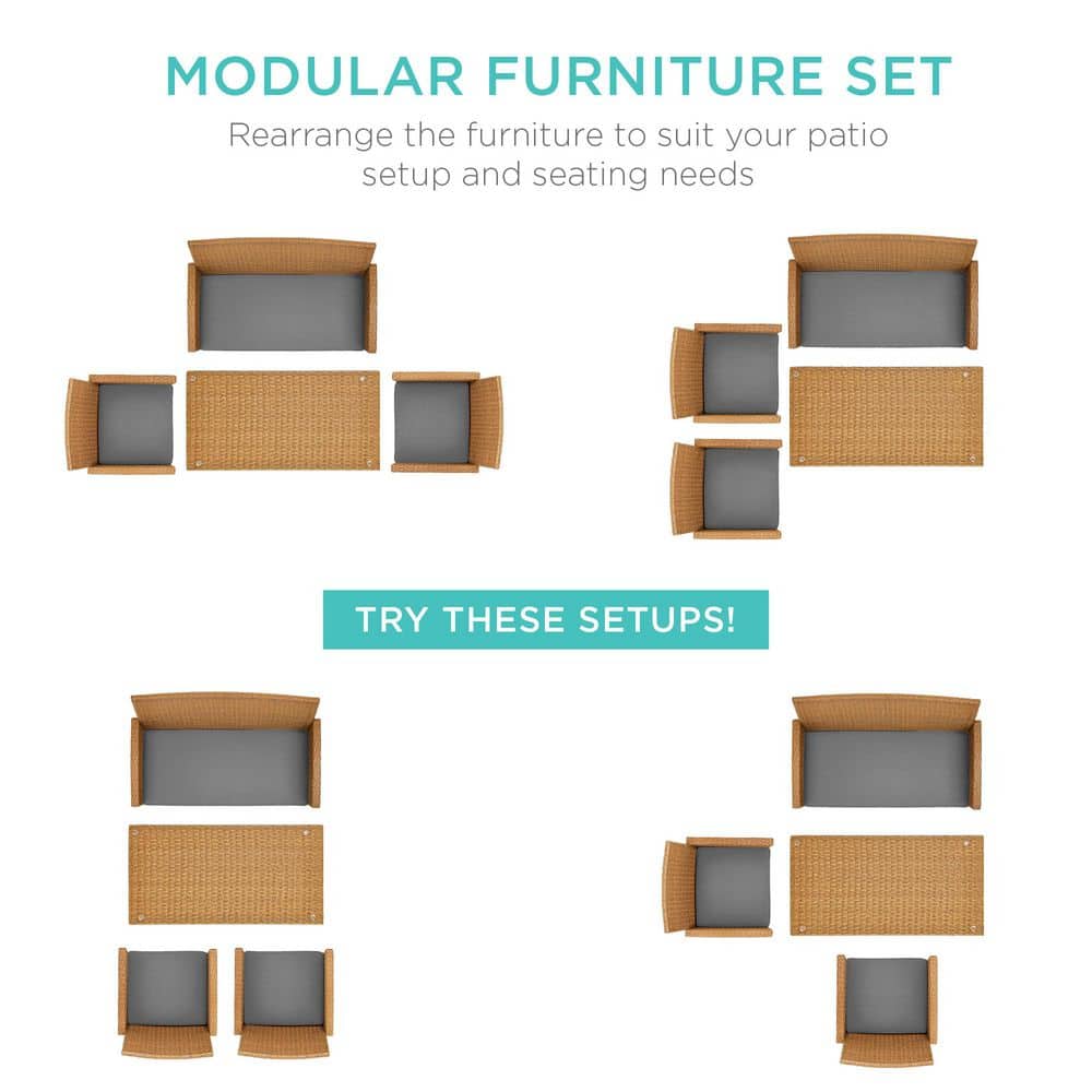 Natural Wicker 4-Piece Patio Conversation Set with Gray Cushions