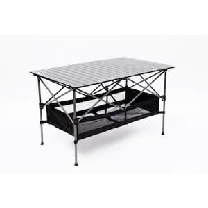 Black Rectangular Aluminum Lightweight Folding Outdoor Coffee Table with Carrying Bag and Storage Basket