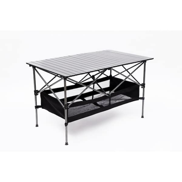 Unbranded Black Rectangular Aluminum Lightweight Folding Outdoor Coffee Table with Carrying Bag and Storage Basket