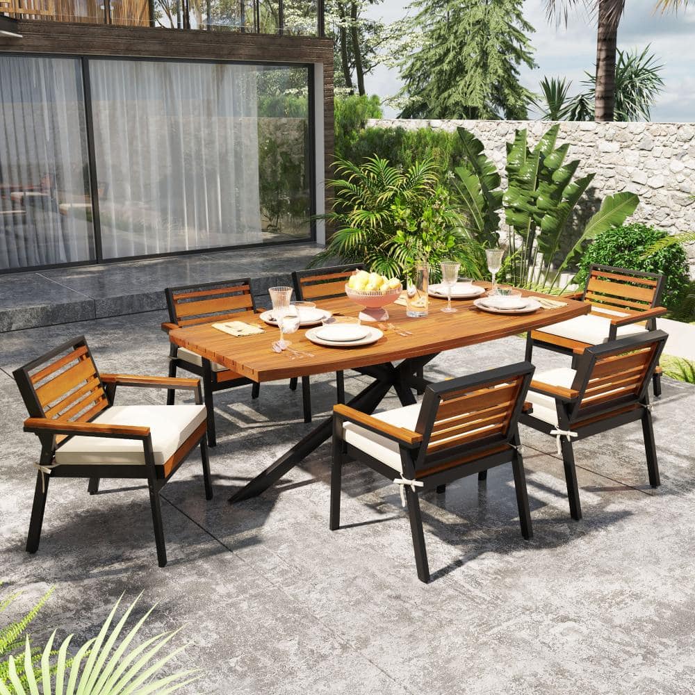 Modern 7-Piece Acacia Wood Dining Set with Iron Frame and Beige Detachable Cushions price history on PriceWatchPro