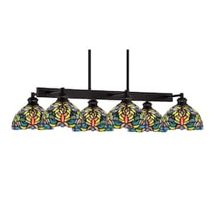 Albany 6 Light Espresso Downlight Chandelier, Linear Chandelier for the Kitchen with Kaleidoscope Art Glass Shades