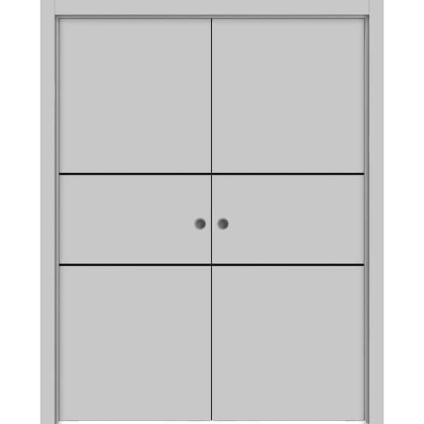 Sartodoors 84 in. x 84 in. 2 Panel Matte Grey Finished Solid Wood with Honeycomb Sliding Door with Hardware
