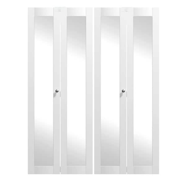 60 in. x 80 in. Full Lite Mirrored Glass Solid Core White PVC Covering MDF Bi-fold Door with Locks and Handles