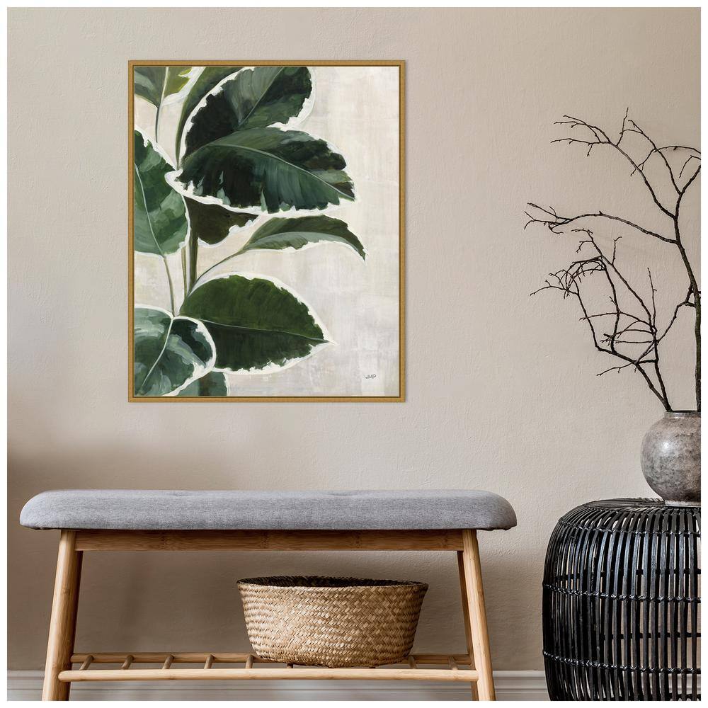 Large Green Leaf Study on Off-White Canvas with Gold Frame