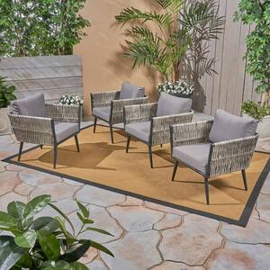 Oceanus Black Aluminum and Light Gray Faux Rattan Armed Outdoor Lounge Chair with Dark Gray Cushions (4-Pack)