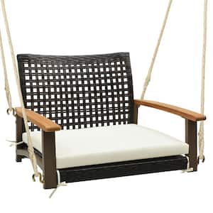 Hanging Porch Swing, 1 Person Patio Wicker Swing Chair with Metal Frame, Cushion, Ropes and Hooks, for Garden-Off White