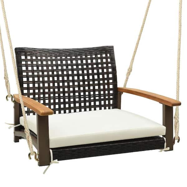 AFAIF Hanging Porch Swing, 1 Person Patio Wicker Swing Chair with Metal Frame, Cushion, Ropes and Hooks, for Garden-Off White