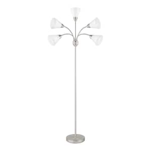 67 in. 5-Light Brushed Nickel Gooseneck Floor Lamp with White Acrylic Shades