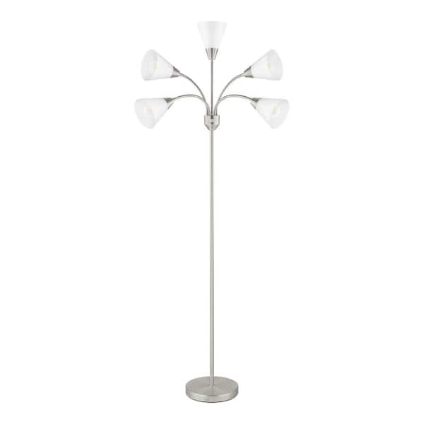67 in. 5-Light Brushed Nickel Gooseneck Floor Lamp with White Acrylic Shades