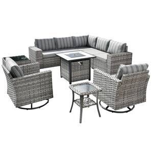 Crater Grey 10-Piece Wicker Outdoor Patio Fire Pit Conversation Sofa Set with Swivel Chairs and Striped Grey Cushions