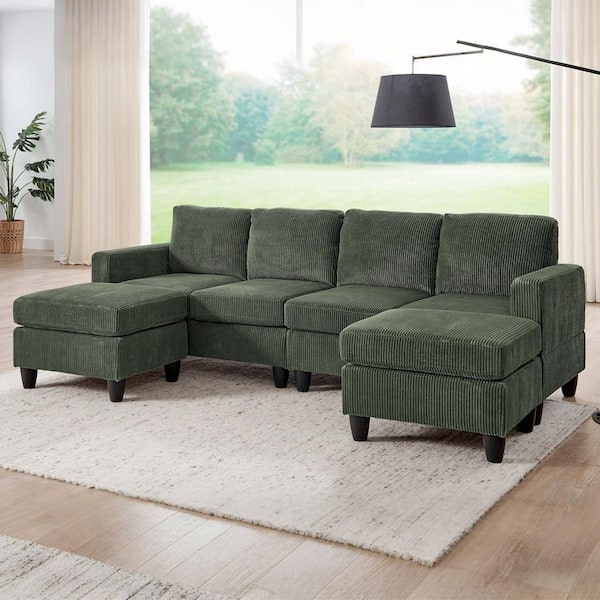 101 in. Modern Corduroy 6-Piece U-Shaped Modular Sectional Sofa with Removable Padded Cushions and Ottomans in. Emerald