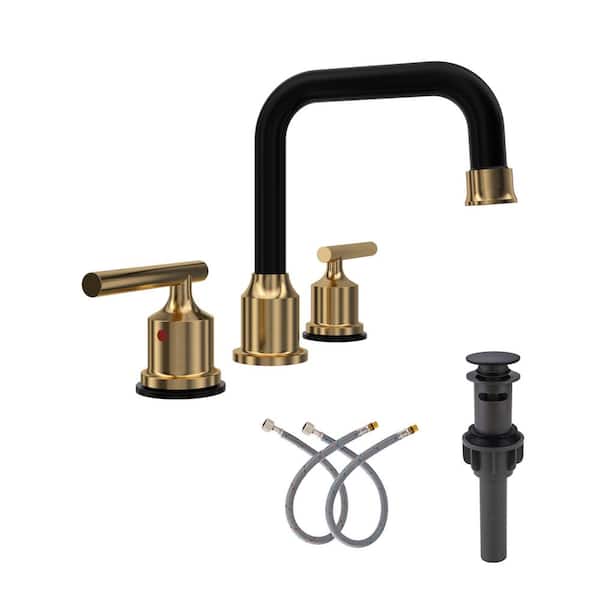 8 in. Widespread Double Handle High Arc Bathroom Faucet with Pop-up Drain and Supply Lines in Black and Gold (1-Pack)