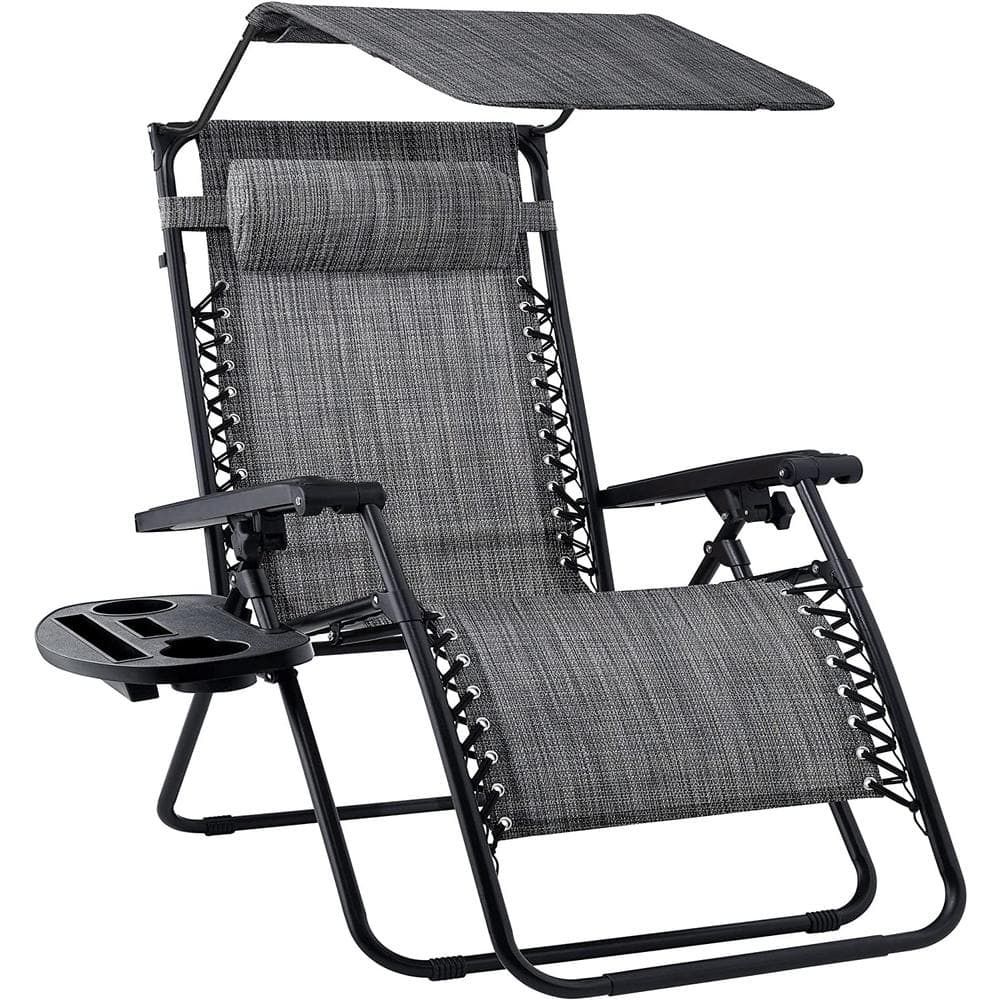 Folding Outdoor Recliner Lounge Chair with Adjustable Canopy Shade, Headres