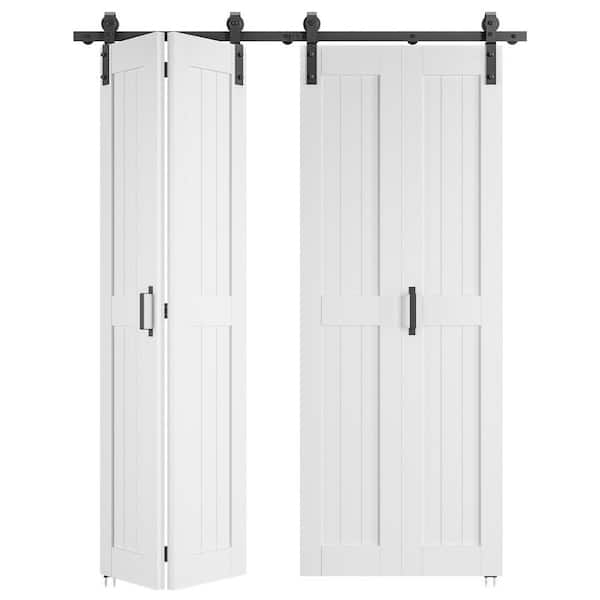 72 in. x 84 in. (Double 36 in. ) Bi-Fold Paneled H Shape White Finished MDF Sliding Barn Door with Hardware Kit