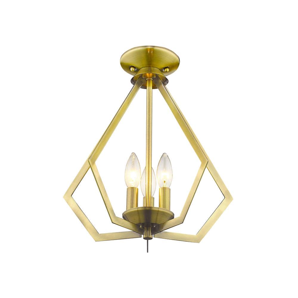 Triangular Prism Mini Chandelier in Antique Brass with 3-Light Design