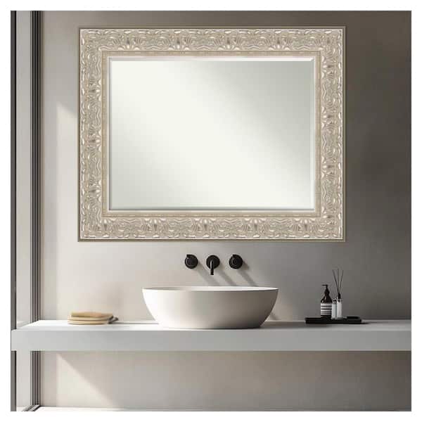 Luxe Silver Cream 24.75 in. x 30.75 in. Petite Bevel Traditional Rectangle Framed Bathroom Wall Mirror