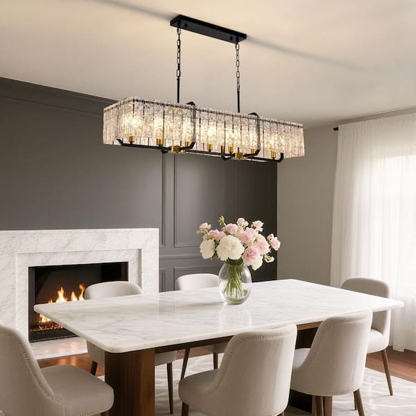 46.5 in. Modern Dimmable 7-Light Rectangle Black and Gold Crystal Chandelier for Dining Room and Living Room