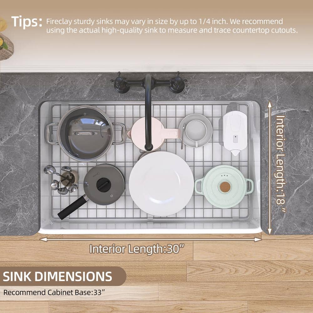 White Fireclay Single Bowl Farmhouse Kitchen Sink with Grid