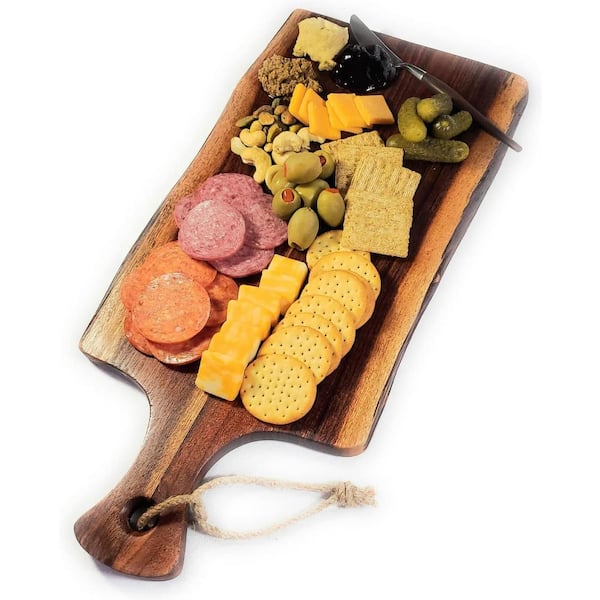 Unbranded 1-Piece Natural Brown Acacia 18" x 8" Charcuterie Board with Live Edge & Handle