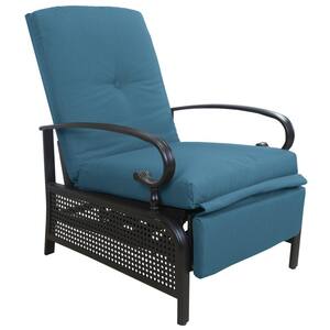 Black Metal Outdoor Recliner with Aqua Cushions for Outdoor Reading, Sunbathing or Relaxation
