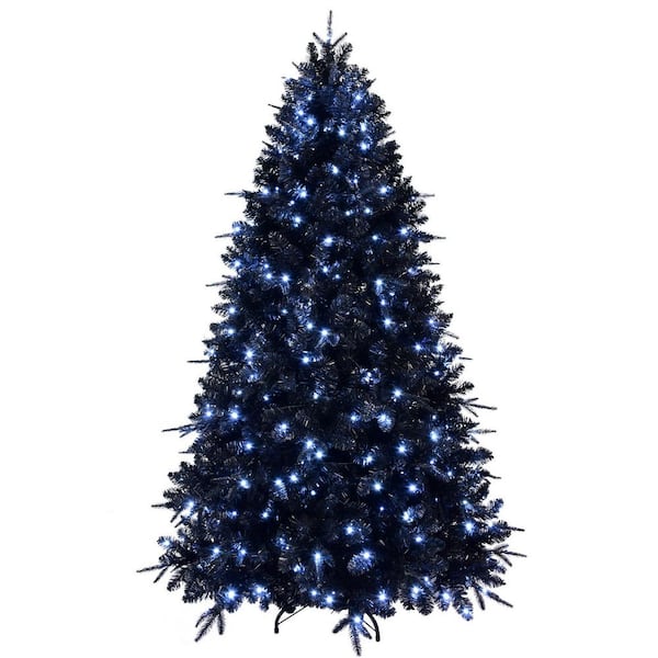 6 ft. Black Christmas Tree with 350 White LED Light, Artificial Tree with Stable Metal Stand for Halloween Holiday Decor