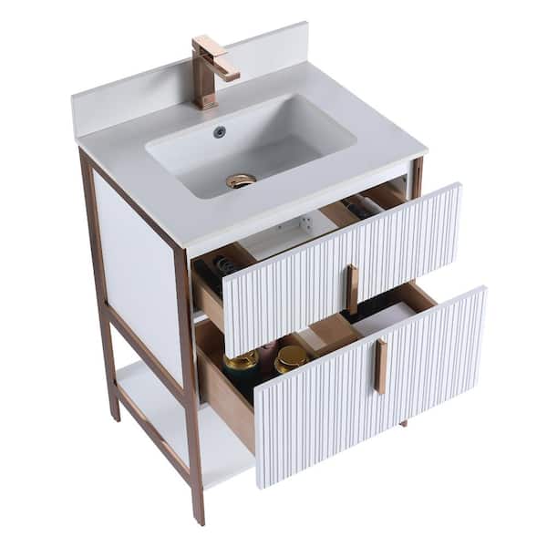 FINE FIXTURES 24 in. W x 18 in. D x 33.5 in. H White Bath Vanity with White Sintered Stone Top with Rose Gold Hardware