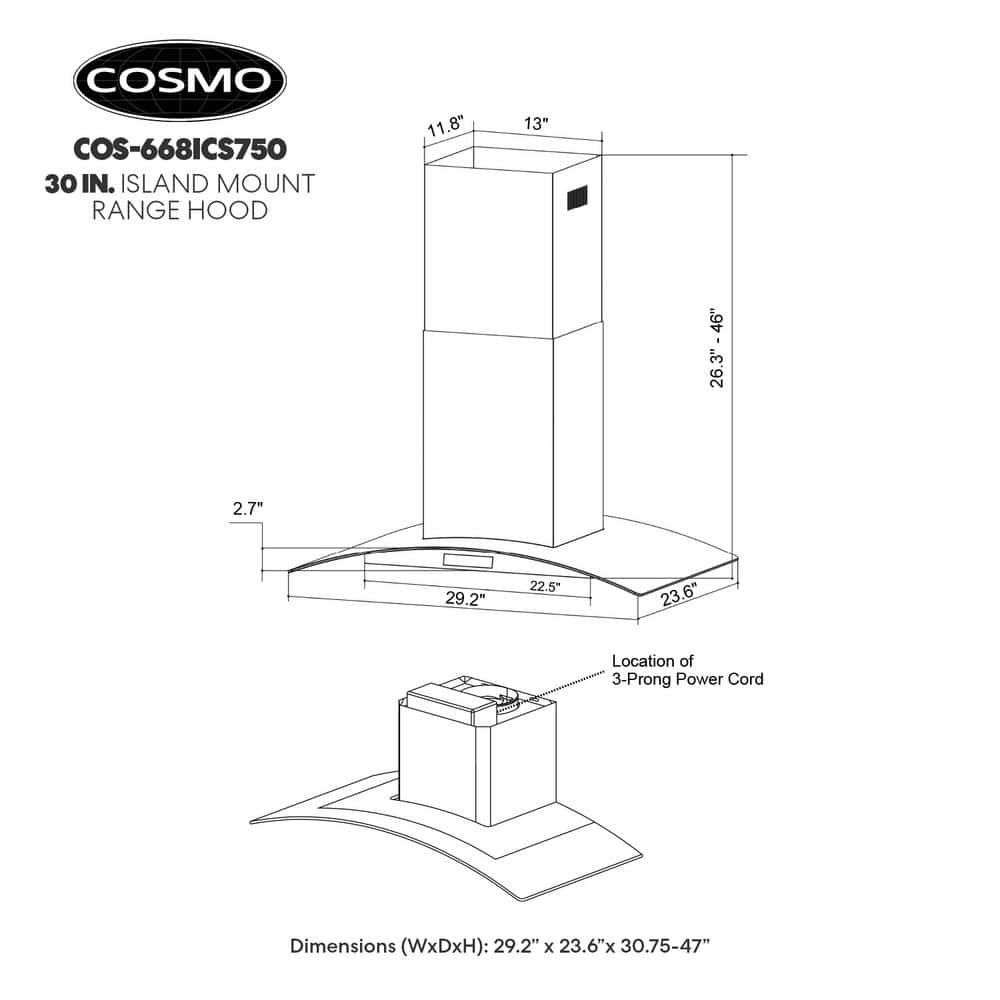 Cosmo 30" Stainless Steel Convertible Island Range Hood with Charcoal Filter