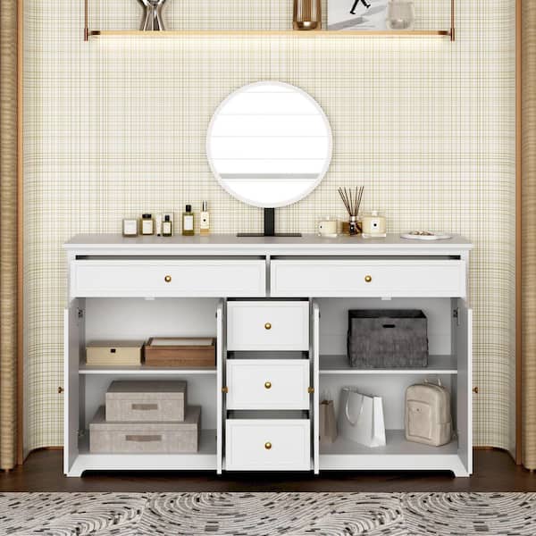 FUFU&GAGA 2-Piece White Makeup Vanity Set with LED Mirror, Storage